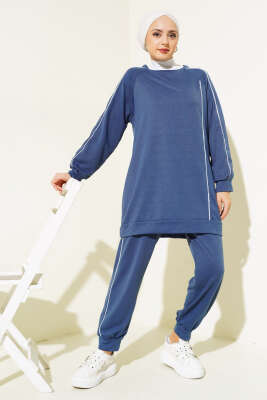 Pazarium - Şerit Detaylı İki İplik Tunik İkili Takım İndigo