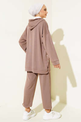 Loyşa Kapüşonlu İnce Çizgili İkili Takım Sütlü Kahve - Thumbnail