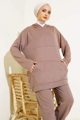 Loyşa Kapüşonlu İnce Çizgili İkili Takım Sütlü Kahve - Thumbnail