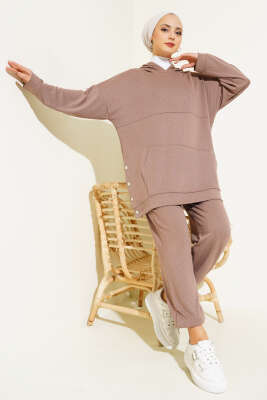 Loyşa Kapüşonlu İnce Çizgili İkili Takım Sütlü Kahve - Thumbnail