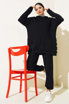 	 Loyşa Kapüşonlu İnce Çizgili İkili Takım Siyah - Thumbnail