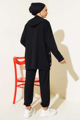 	 Loyşa Kapüşonlu İnce Çizgili İkili Takım Siyah - Thumbnail