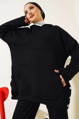 	 Loyşa Kapüşonlu İnce Çizgili İkili Takım Siyah - Thumbnail