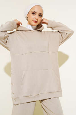 Loyşa Kapüşonlu İnce Çizgili İkili Takım Bej - Thumbnail