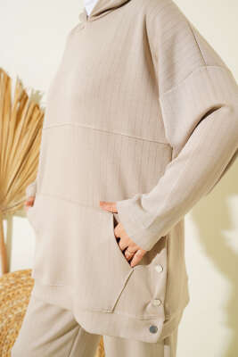 Loyşa Kapüşonlu İnce Çizgili İkili Takım Bej - Thumbnail