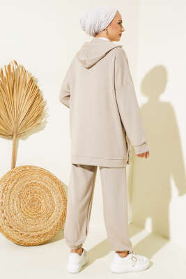 Loyşa Kapüşonlu İnce Çizgili İkili Takım Bej - Thumbnail