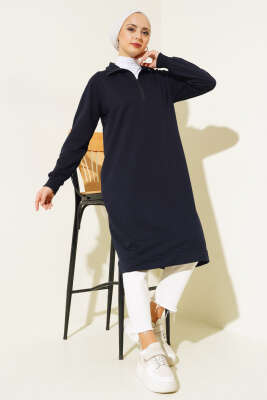 Pazarium - Yarım Fermuarlı Basıc Uzun Tunik Lacivert