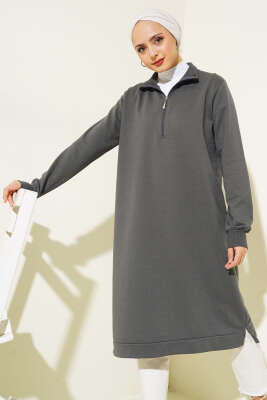 Pazarium - Yarım Fermuarlı Basıc Uzun Tunik Füme