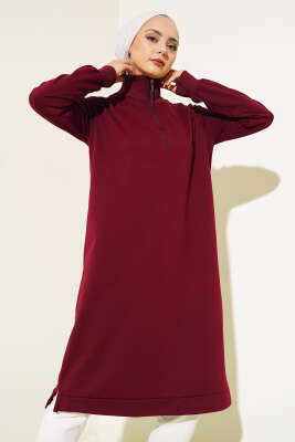 Pazarium - Yarım Fermuarlı Basıc Uzun Tunik Bordo