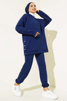 Loyşa Kapüşonlu İnce Çizgili İkili Takım Lacivert - Thumbnail