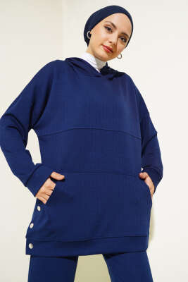 Loyşa Kapüşonlu İnce Çizgili İkili Takım Lacivert - Thumbnail