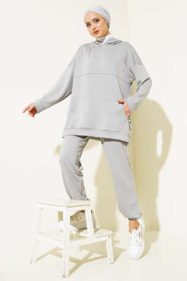 Loyşa Kapüşonlu İnce Çizgili İkili Takım Gri - Thumbnail