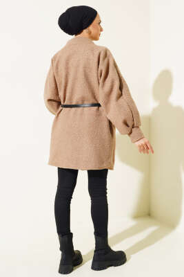 Yarasa Kol Kemerli Buklet Ceket Vizon - Thumbnail