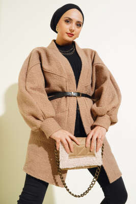 Pazarium - Yarasa Kol Kemerli Buklet Ceket Vizon