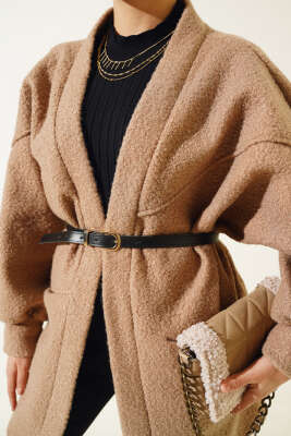 Yarasa Kol Kemerli Buklet Ceket Vizon - Thumbnail