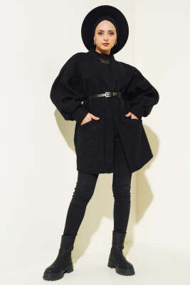 Yarasa Kol Kemerli Buklet Ceket Siyah - Thumbnail