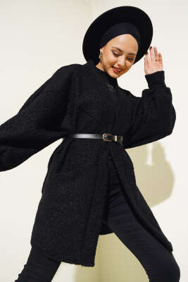 Yarasa Kol Kemerli Buklet Ceket Siyah - Thumbnail