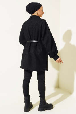 Yarasa Kol Kemerli Buklet Ceket Siyah - Thumbnail