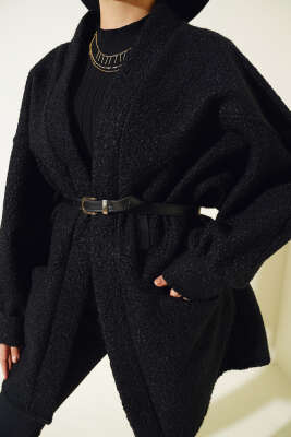 Yarasa Kol Kemerli Buklet Ceket Siyah - Thumbnail