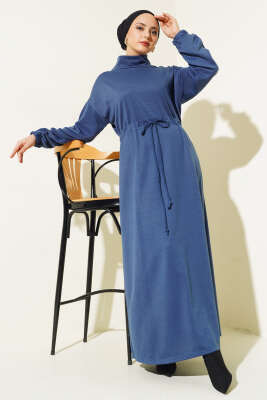 Pazarium - Bel Tünelli Yarım Boğazlı Elbise İndigo