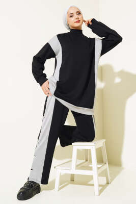 Pazarium - Loyşa Metal Düğme Detay İkili Takım Siyah