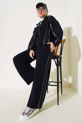 Pazarium - Loyşa Şeritli Garnili Hırka İkili Takım Siyah