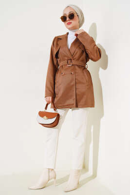 Pelerinli Kuşaklı Kısa Trençkot Taba - Thumbnail