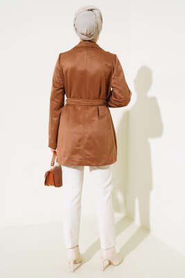 Pelerinli Kuşaklı Kısa Trençkot Taba - Thumbnail