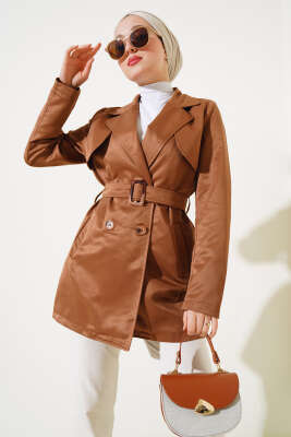 Pelerinli Kuşaklı Kısa Trençkot Taba - Thumbnail