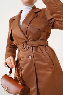 Pelerinli Kuşaklı Kısa Trençkot Taba - Thumbnail