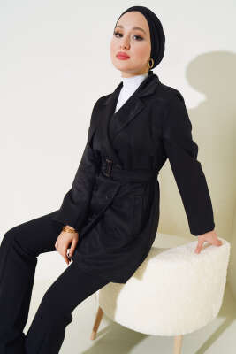 Pazarium - Pelerinli Kuşaklı Kısa Trençkot Siyah