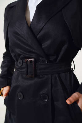 Pelerinli Kuşaklı Kısa Trençkot Siyah - Thumbnail