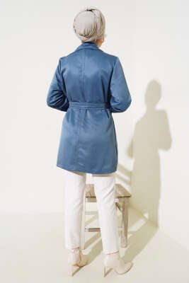 Pelerinli Kuşaklı Kısa Trençkot İndigo - Thumbnail