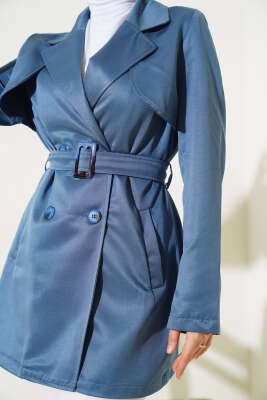 Pelerinli Kuşaklı Kısa Trençkot İndigo - Thumbnail