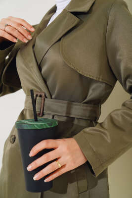 Pelerinli Kuşaklı Kısa Trençkot Haki - Thumbnail