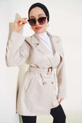 Pazarium - Pelerinli Kuşaklı Kısa Trençkot Bej