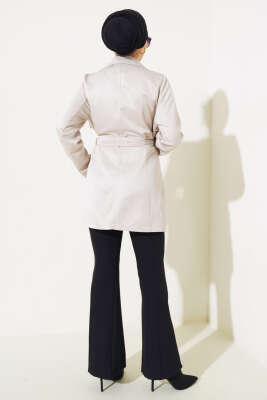 Pelerinli Kuşaklı Kısa Trençkot Bej - Thumbnail