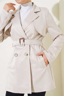 Pelerinli Kuşaklı Kısa Trençkot Bej - Thumbnail