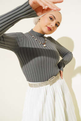 Fitilli Esnek Triko Kazak Füme - Thumbnail