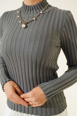 Fitilli Esnek Triko Kazak Füme - Thumbnail