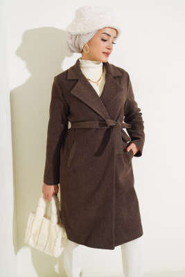 Pazarium - Bel Kuşaklı Astarlı Kaşe Kaban Kahve