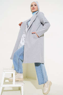 Pazarium - Bel Kuşaklı Astarlı Kaşe Kaban Gri