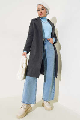 Bel Kuşaklı Astarlı Kaşe Kaban Füme - Thumbnail