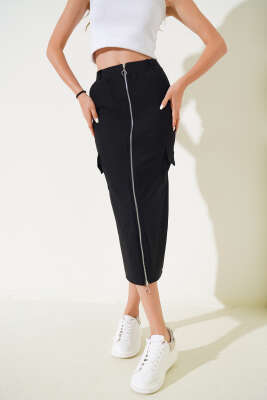 Boydan Fermuarlı Midi Etek Siyah - Thumbnail