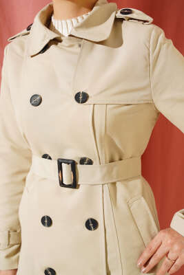 Omuz Düğmeli Gömlek Yaka Trençkot Taş - Thumbnail