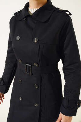 Omuz Düğmeli Gömlek Yaka Trençkot Siyah - Thumbnail