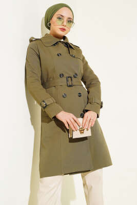 Omuz Düğmeli Gömlek Yaka Trençkot Haki - Thumbnail