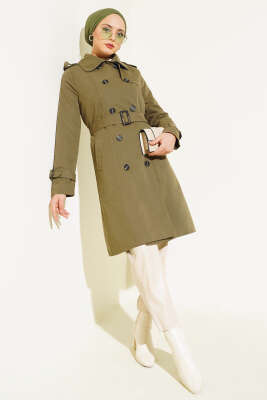Omuz Düğmeli Gömlek Yaka Trençkot Haki - Thumbnail