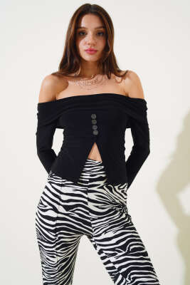 Düğme Aksesuarlı Sandy Bluz Siyah - Thumbnail