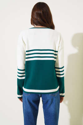 Çizgi Detaylı Triko Kazak Zümrüt - Thumbnail